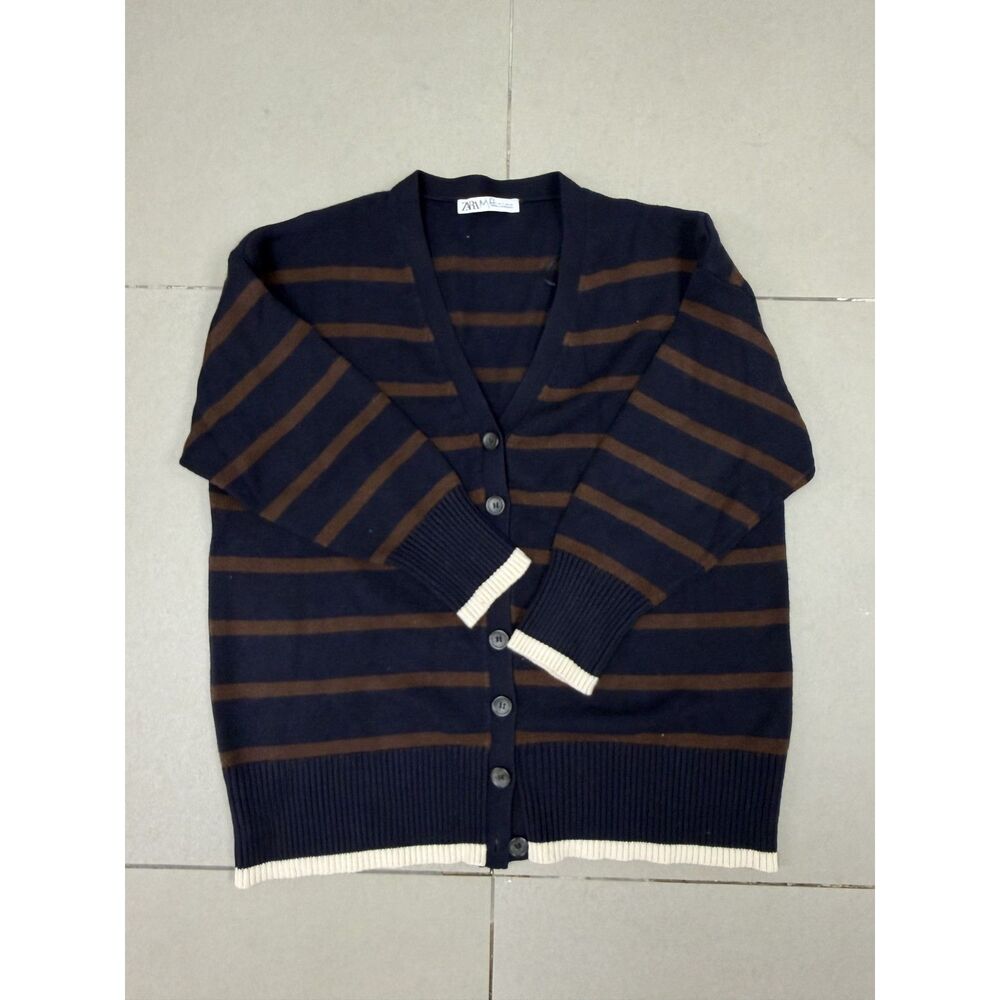 Zara Oversized Striped Cardigan Small Navy Brown Button Front Sweater